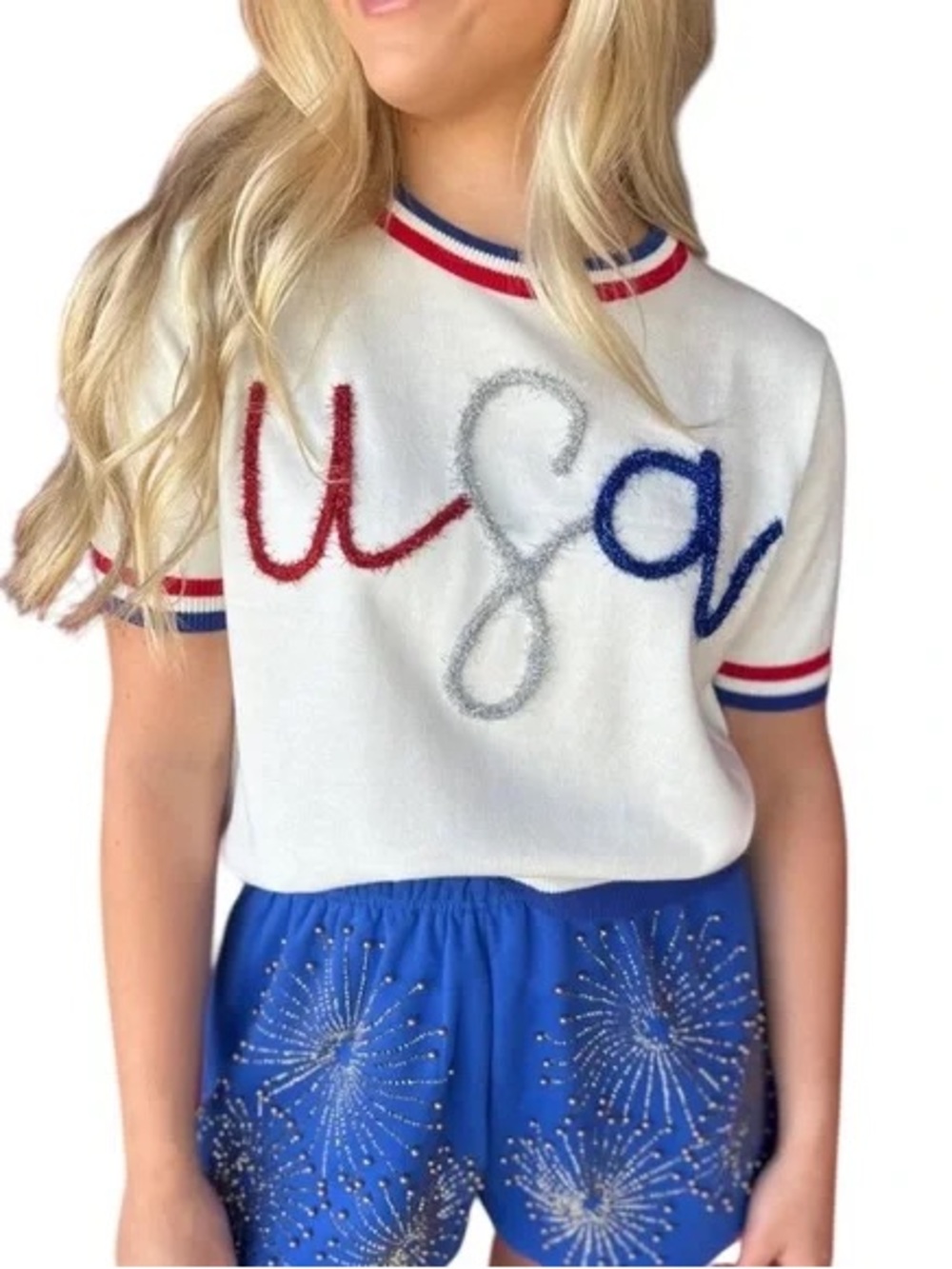 QUEEN OF SPARKLES USAWhite Short-Sleeve Knit Top with Red, Blue & Silver Accents